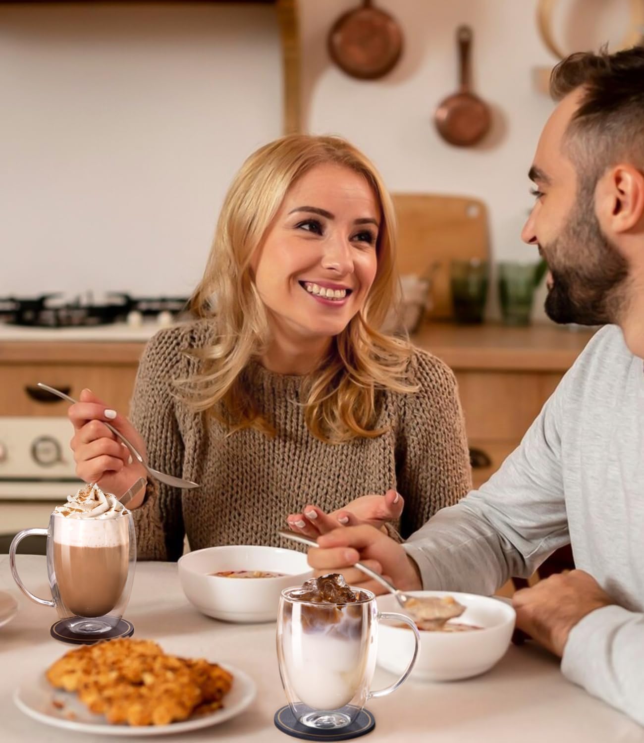 OJA Double Wall Glass Coffee Mugs Set of 2, 13oz Clear Glass Mugs, Insulated Coffee Cups, with coaster, Perfect for Espresso, Latte, Cappuccino, American, Tea Bag, Beverage