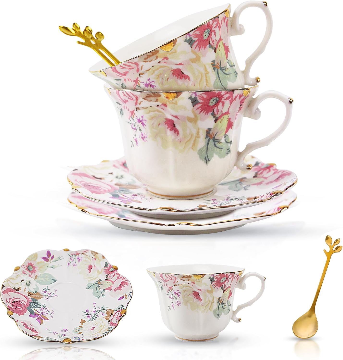 TATSUMI Country Roses Bone China Tea Cup and Saucer Set, 6 Pieces, Vintage Style, For Women and Tea Parties(Pink,2 Set)