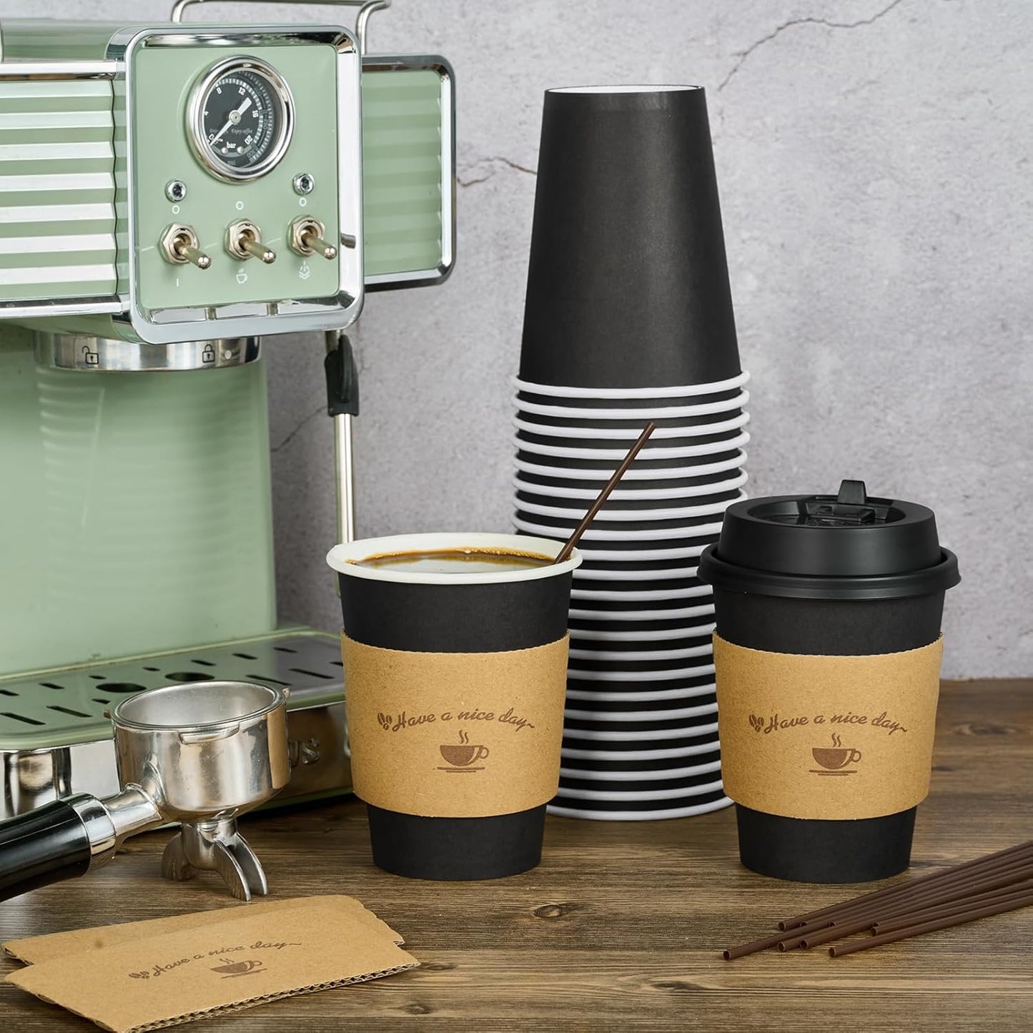 LITOPAK 100 Pack 12 oz Paper Coffee Cups for Hot Chocolate Drinks, Black Disposable Coffee Cups with Lids, Sleeves and Stirring Sticks for Parties, Picnic, Travel, and Events