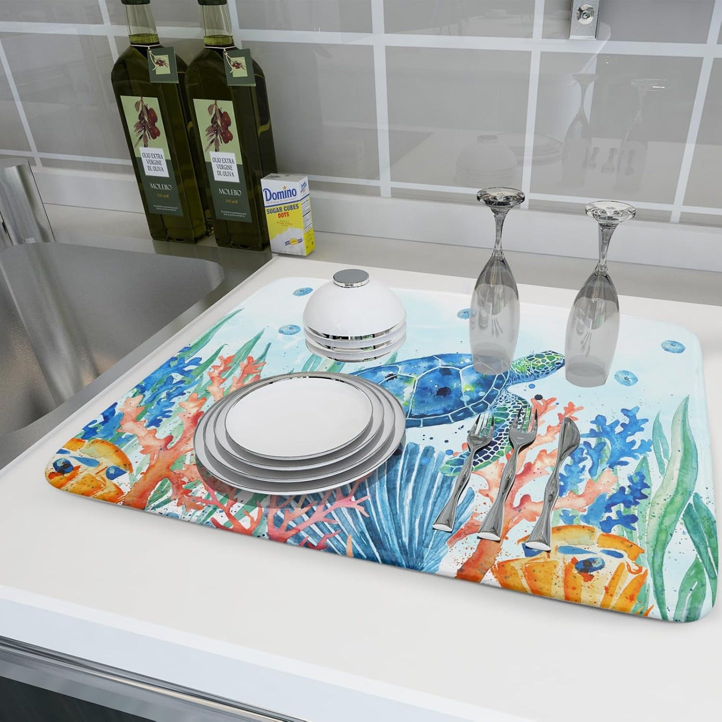 Giwawa Sea Turtle Dish Drying Mat 18x24in Watercolor Blue Tortoise Dish Drainer Mats Nautical Ocean Coral Seashell Seaweed Microfiber Dish Drying Pad for Kitchen Countertop Large Decor
