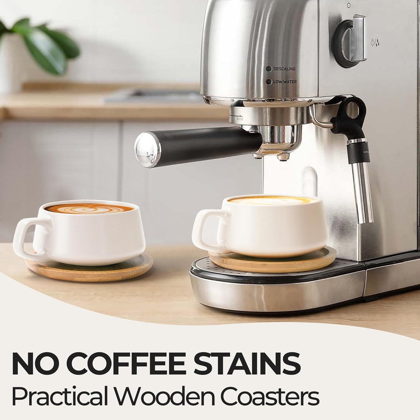 MIAMIO – 11 Oz., Set of 4 Ceramic Tea Cup and Saucer Bamboo/Tea Mug - Wide Cappuccino Cup, Coffee Cups Ceramic Mug for Cappuccino, Latte, Espresso & Americano - Luxe Collection (White)