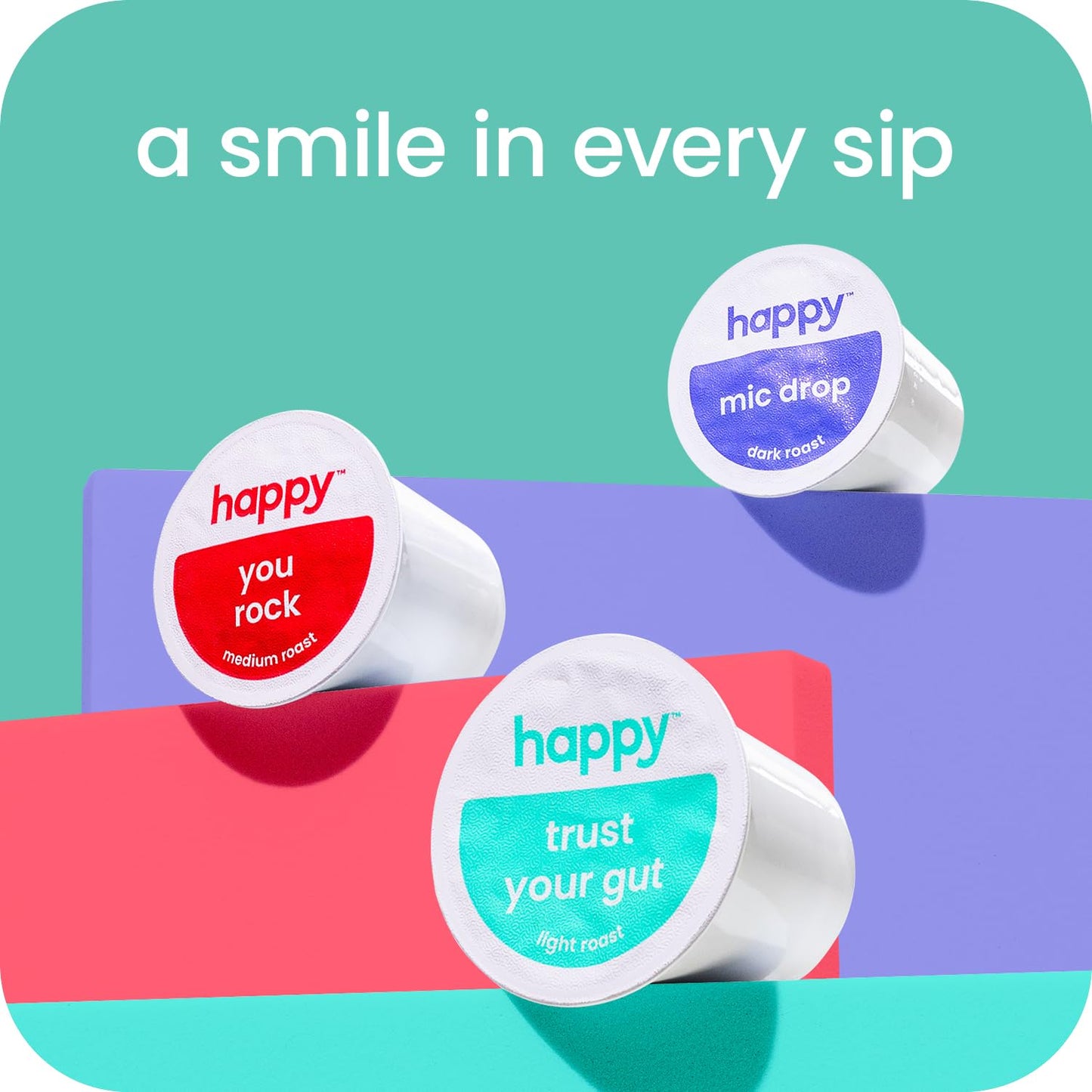 happy coffee light roast coffee pods, 60 count, notes of toasted biscotti and levity, compatible with most K-cup brewers, rainforest alliance certified