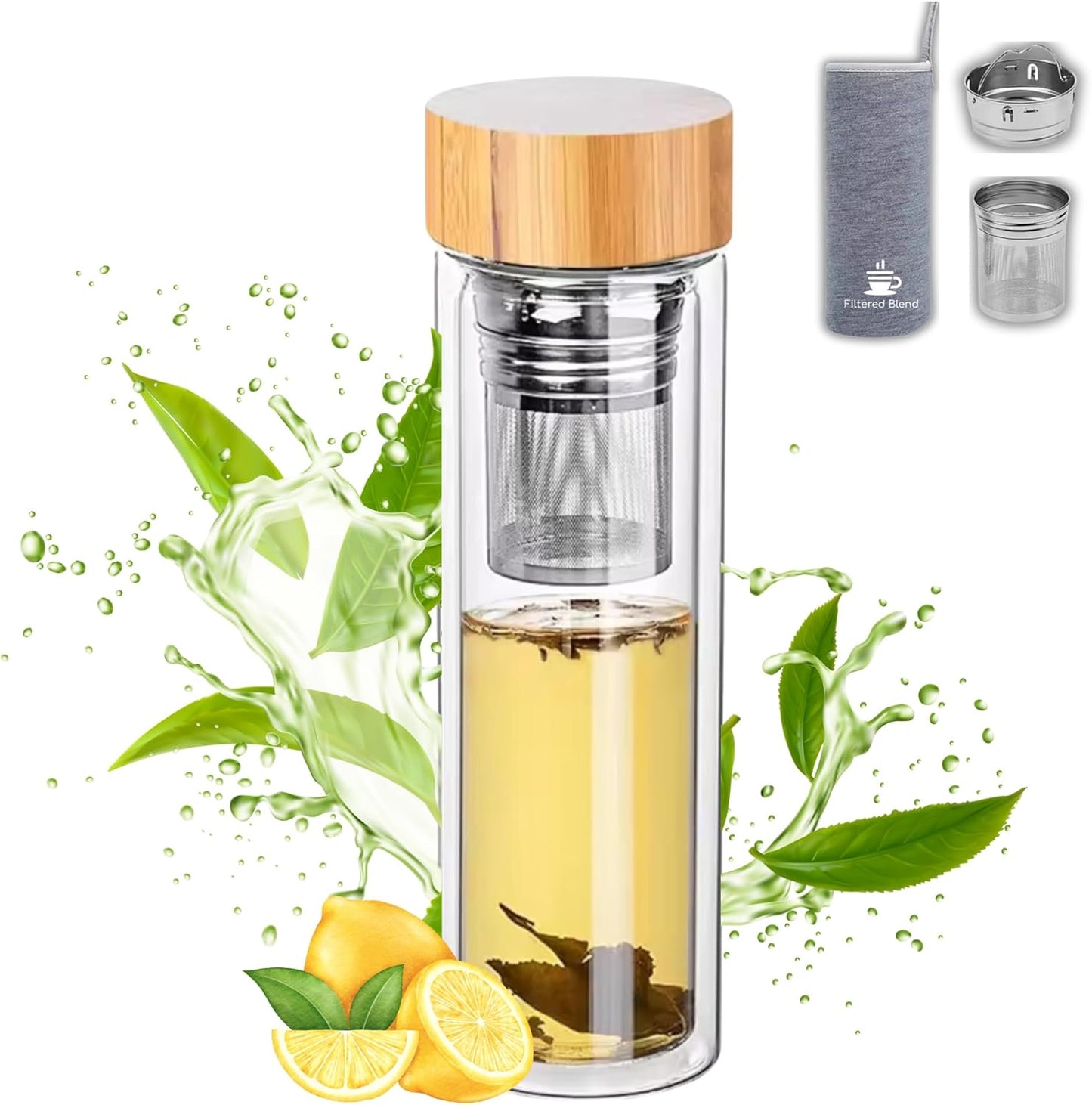 15oz Double Wall Glass Water Bottle with Bamboo Lid and Tea Infuser – Insulated, Leak-Proof, and Eco-Friendly Travel Tea Mug with Filter for Hot or Cold Beverages