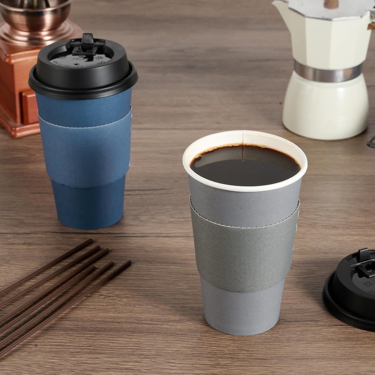 LITOPAK 100 Pack 16 oz Disposable Paper Coffee Cups with Lids, Sleeves and Stirring Sticks for Hot Coffee, Water or Juice, Blue and Gray Hot Paper Cups for Cafes, schools, offices, shops