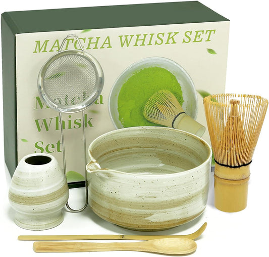 Matcha Whisk Set, Matcha Set, 6 Pieces, with Bamboo Whisk, Ceramic Bowl & Sifter Complete Matcha kit Tea Includes Scoop & Spout Bowl, Traditional Japanese Tea Accessories for Home (set of 6)