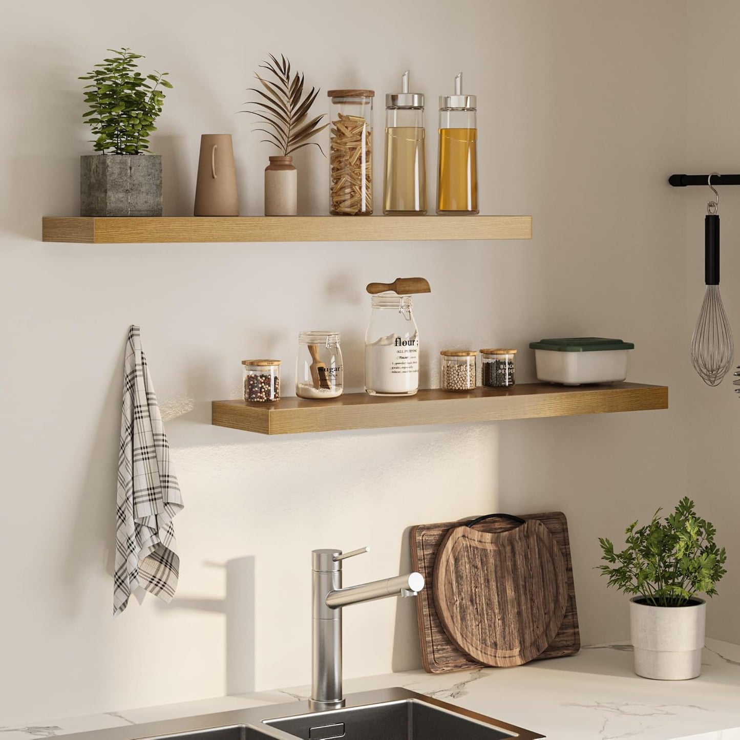 Floating Shelves for Wall, 40" W x 8" D x 1.5" H, Wooden Wall Mounted Display Shelves with Invisible Brackets for Living Room, Bedroom, Bathroom, Kitchen Decor and Storage, Set of 2, Oak