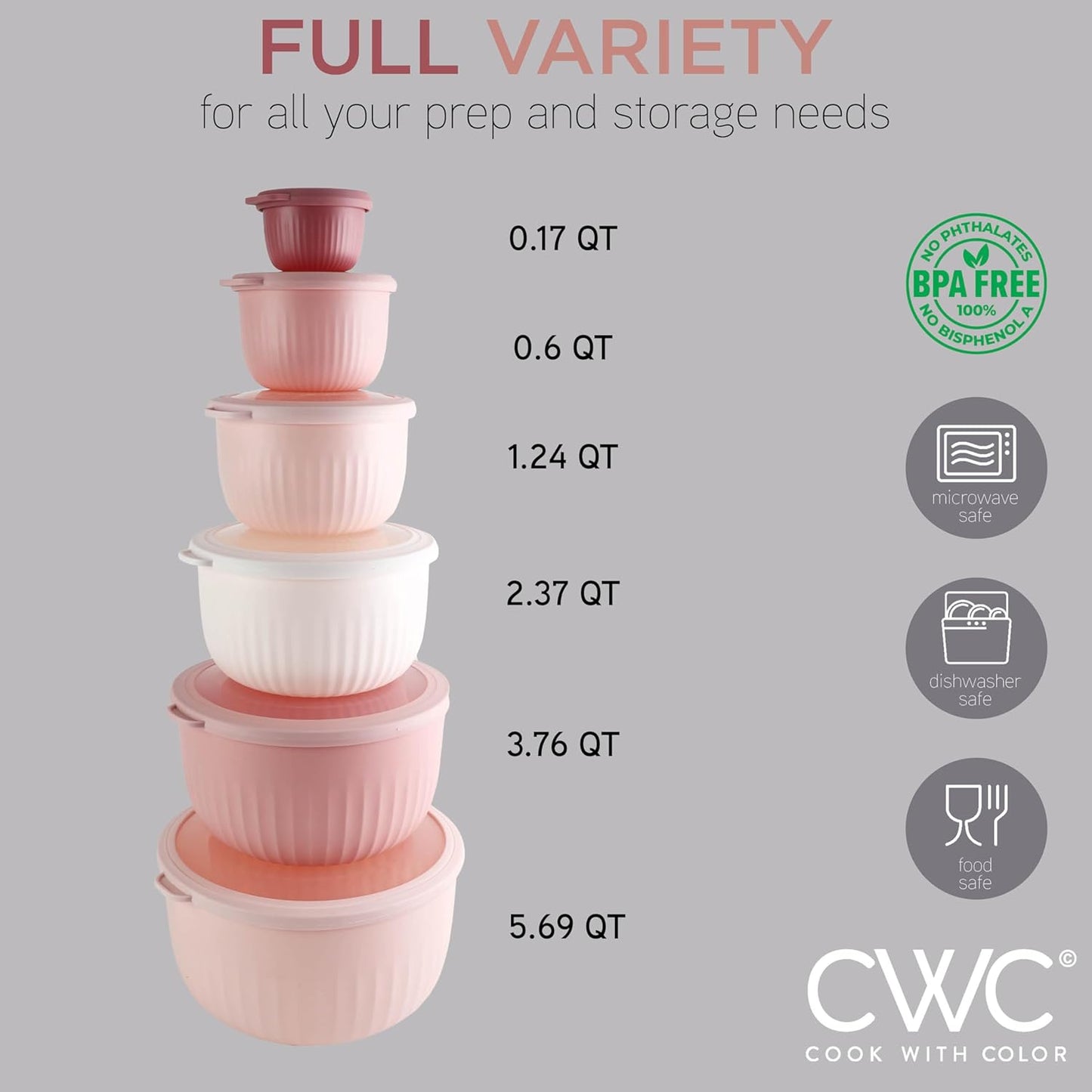 COOK WITH COLOR Prep Bowls with Lids- Wide and Deep Nesting Plastic Small Mixing Bowl Set with Lids, 12 Piece Set - Deep Bowls, Pink