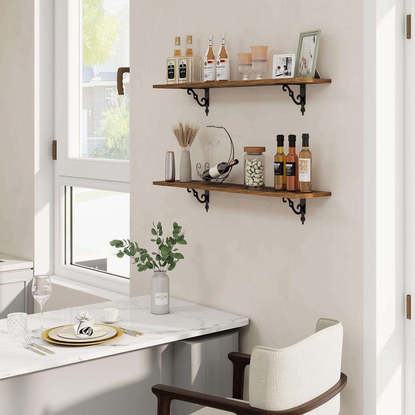 RICHFOCUS Floating Shelves for Wall Decor, 35.4W x 8D Wall Shelves Set of 2, 8 Inch Deep Rustic Wood Shelves Wall Mounted with Brackets, Long Shelves for Living Room Bedroom Kitchen, Rustic Brown