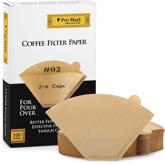 Pro Mael #2 Cone Coffee Filters Paper Disposable for Pour Over and Drip Coffee Maker, Better Filtration No Blowouts, Unbleached Natural (100 Count)