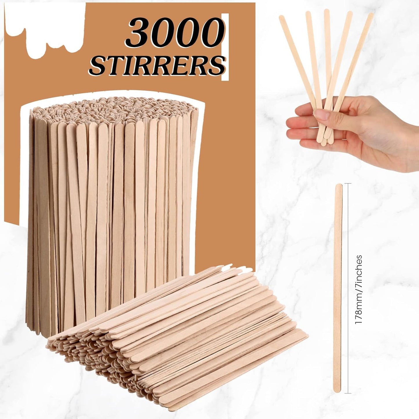 3000 Pack Birch Wood Coffee Stir Sticks 7 Inch Disposable Wooden Coffee Stirrers Bulk Cakesicle Sticks Long Tea Stirring Stick Round End Swizzle Beverage Mixer for Cocktail Hot Chocolate Drink Summer