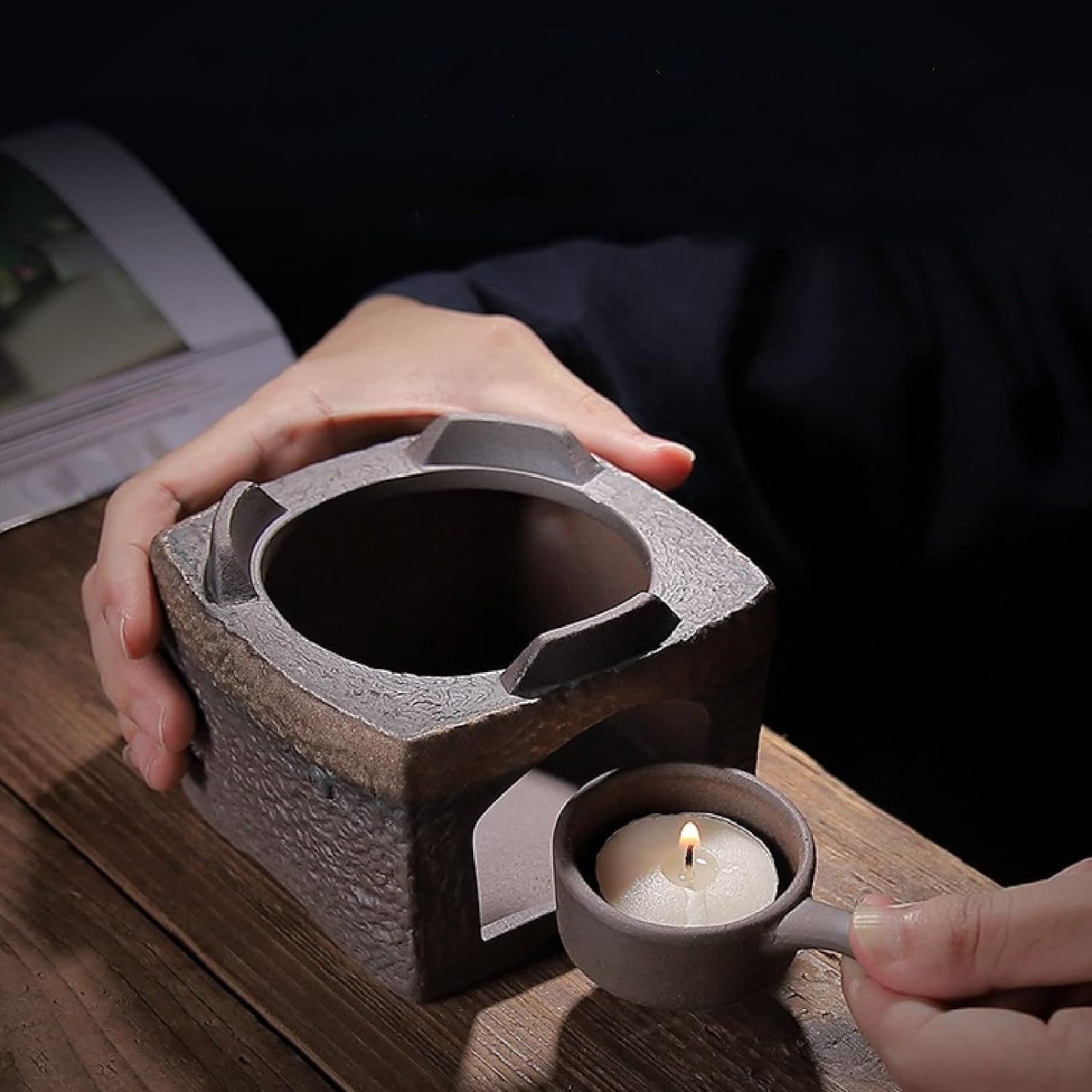 Teapot Warmer Matte Classic Retro Ceramic Universal Tea Warmer Stand Set with Candle Holder Japanese Style for Warming Tea, Coffee and Milk etc.