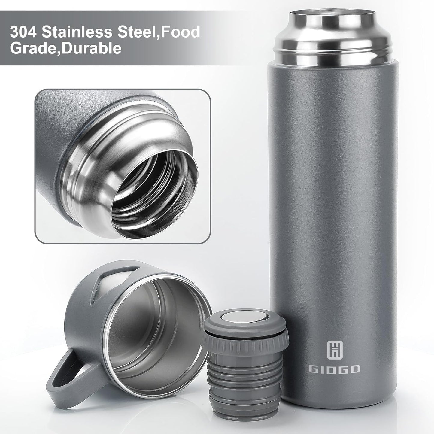 Stainless Steel Thermo 700ml/23.7oz Vacuum Insulated Bottle with Cup for Coffee Hot drink and Cold drink water flask.(Gray,Single)