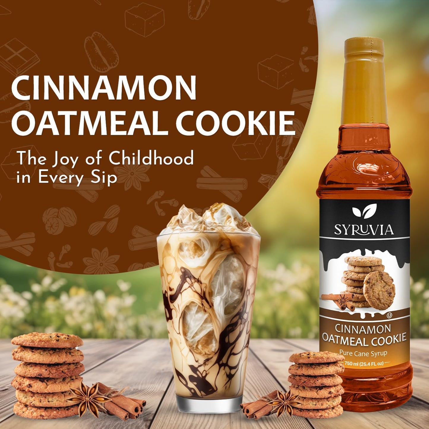 Syruvia Cinnamon Oatmeal Cookie Syrup - 25.4 fl oz. Kosher and Gluten-Free. Ideal for Enhancing Drinks, Sodas, Shakes, Desserts, and More.