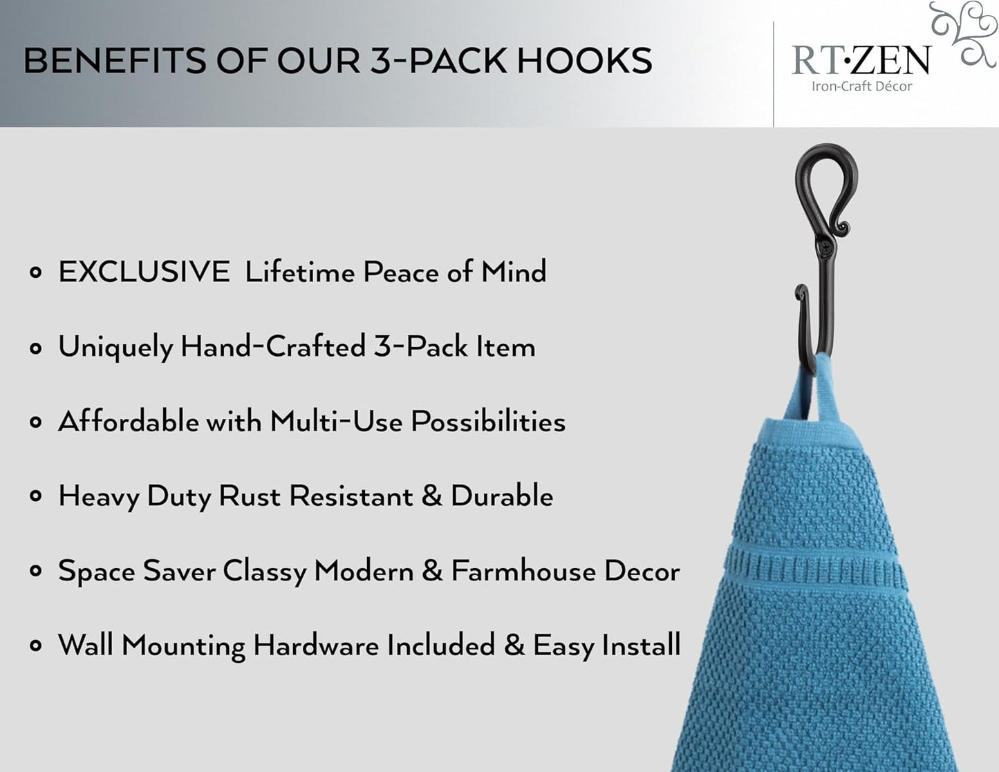 RTZEN Wall Mount Hook Set - Wrought Iron Decorative Rustic Metal Coat Hooks for Hanging - Handcrafted Classic Farmhouse Wall Mounted Black Hooks for Towel Robe or Hat Hanging - 3 Pack