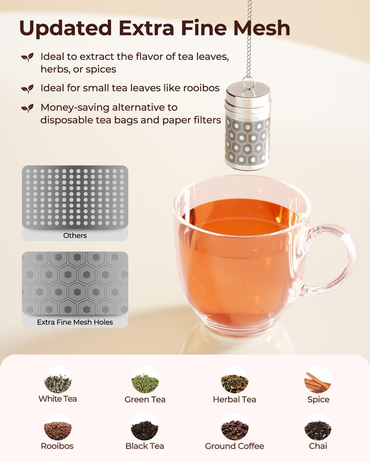 2 Pack Reinmoson Mini Tea Strainers for Loose Tea, Extra Fine Mesh Tea Infuser, 304 Stainless Steel & Updated Slim Threaded Lid, Loose Leaf Tea Steeper for Black Tea, Rooibos, etc