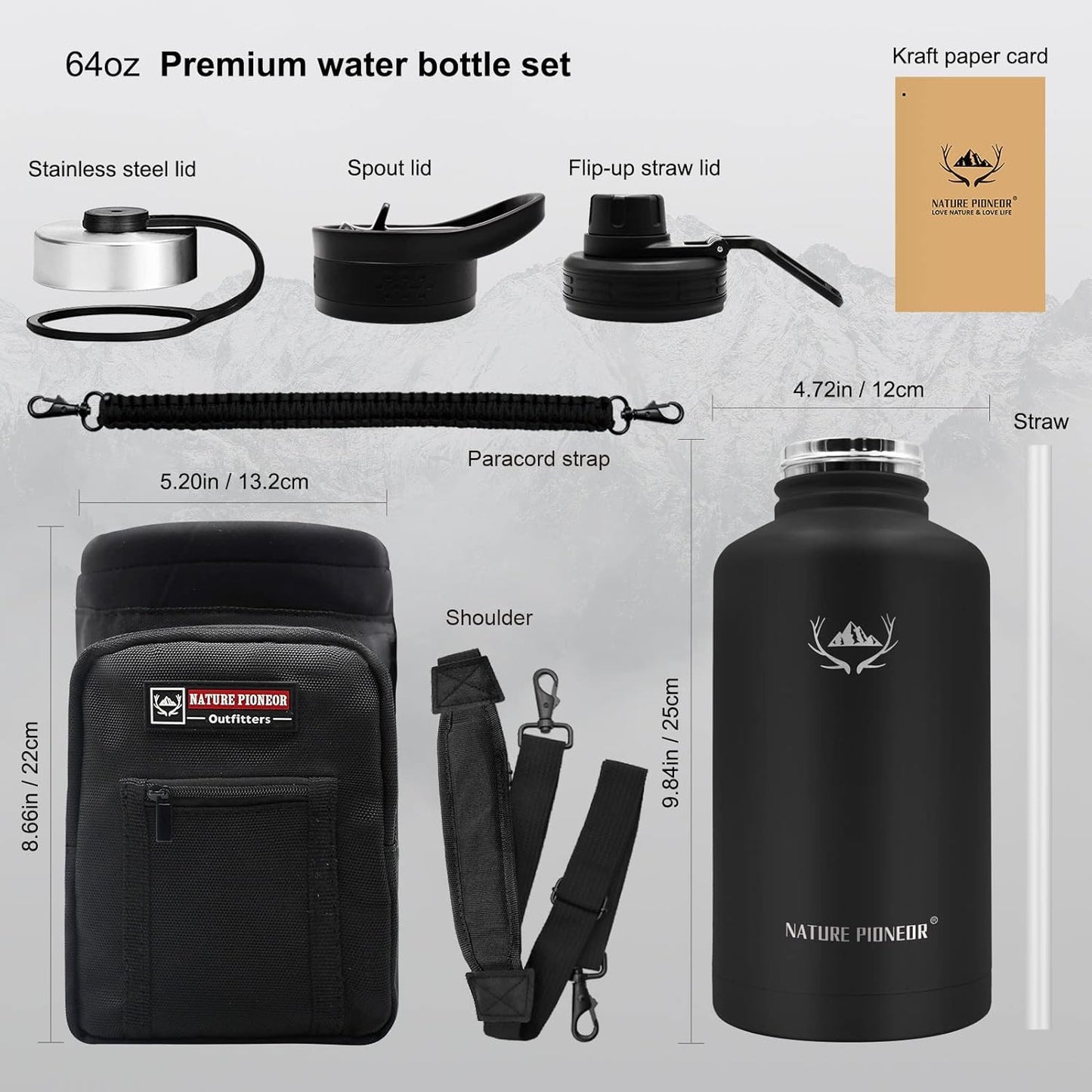 NATURE PIONEOR Insulated Water Bottles with Straw - 64oz Stainless Steel Vacuum Bottle with Holder/Carrier/Sleeve - Reusable 18/8 Food Grade Half Gallon Water Jug