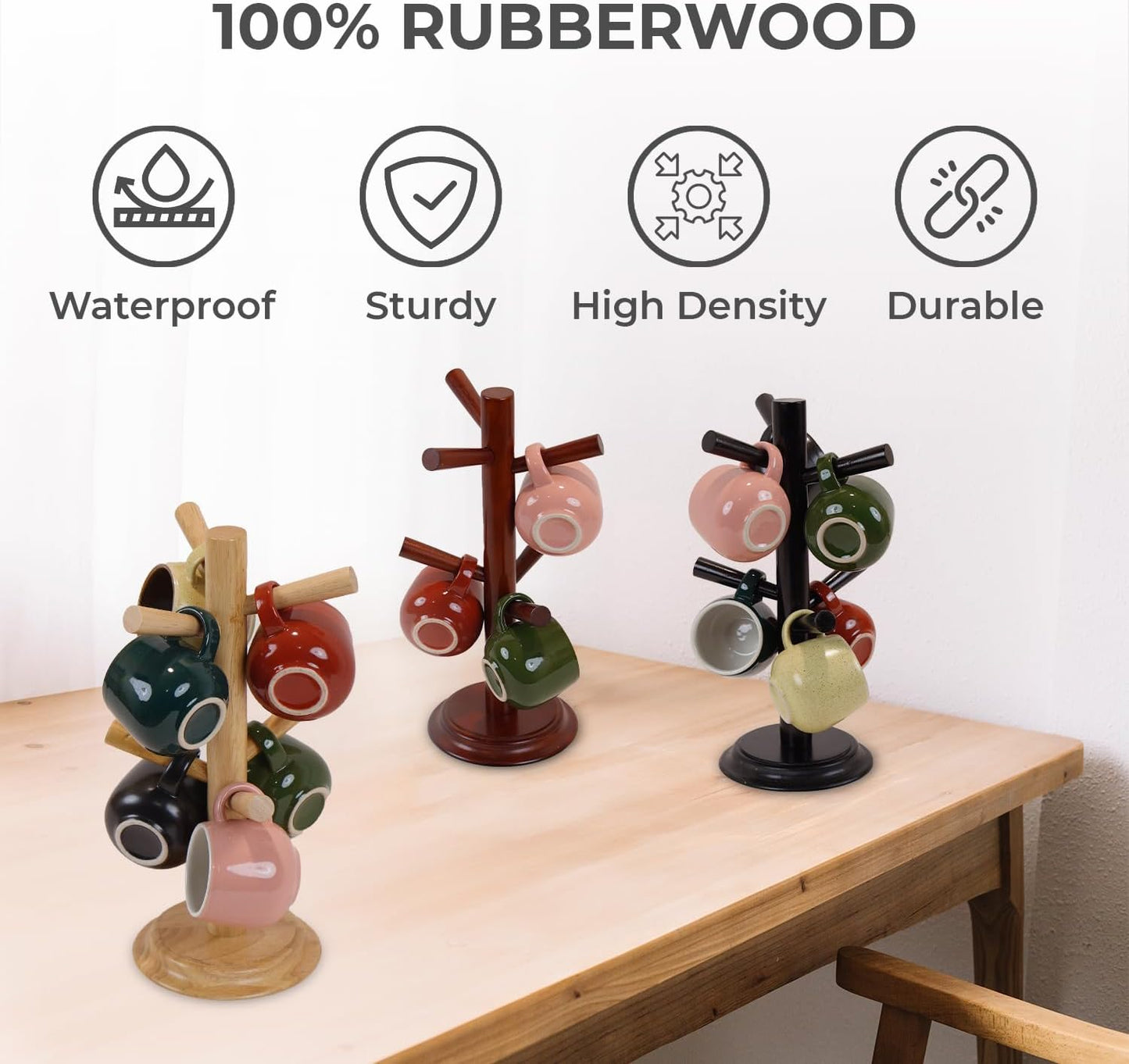 Pack 2 Mug Tree 6 Hooks Rubberwood 13.5"x7"x7", Strudy & Thick Base, Large & Small Cup Holder Tree Wooden for Jewelry, Kitchen Tools, Pantry, Ornaments, Countertop, Table Organizer (Brown)