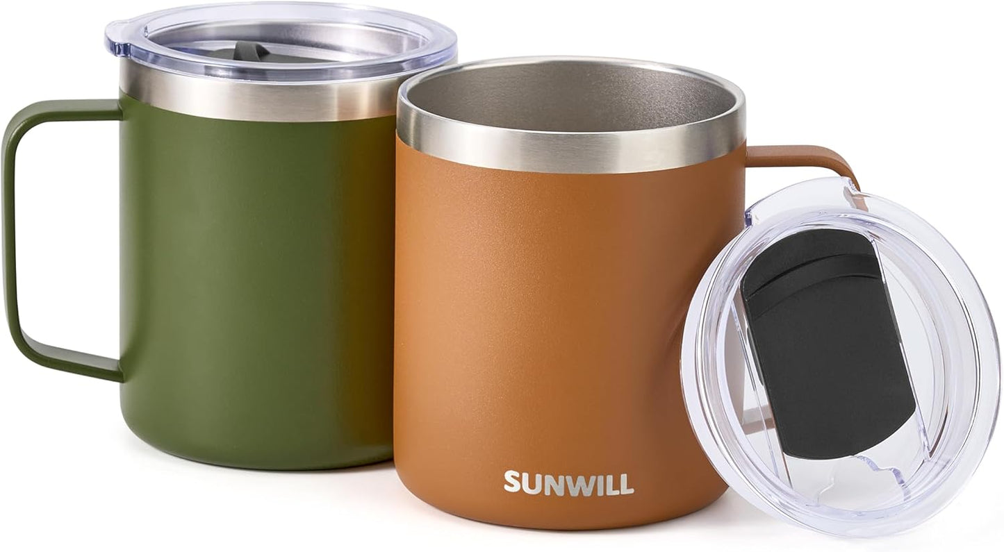 SUNWILL Travel Coffee Mug with Lid, Insulated Tumbler Set of 2, Stainless Steel Cup 14 oz for Camping, Outdoor, Gifts, Powder Coated Olive & Caramel