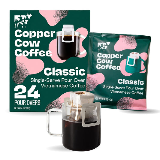 Copper Cow Premium Pour Over Single-Serve Vietnamese Coffee | Classic Black | Dark Roast | Includes 24 Coffees