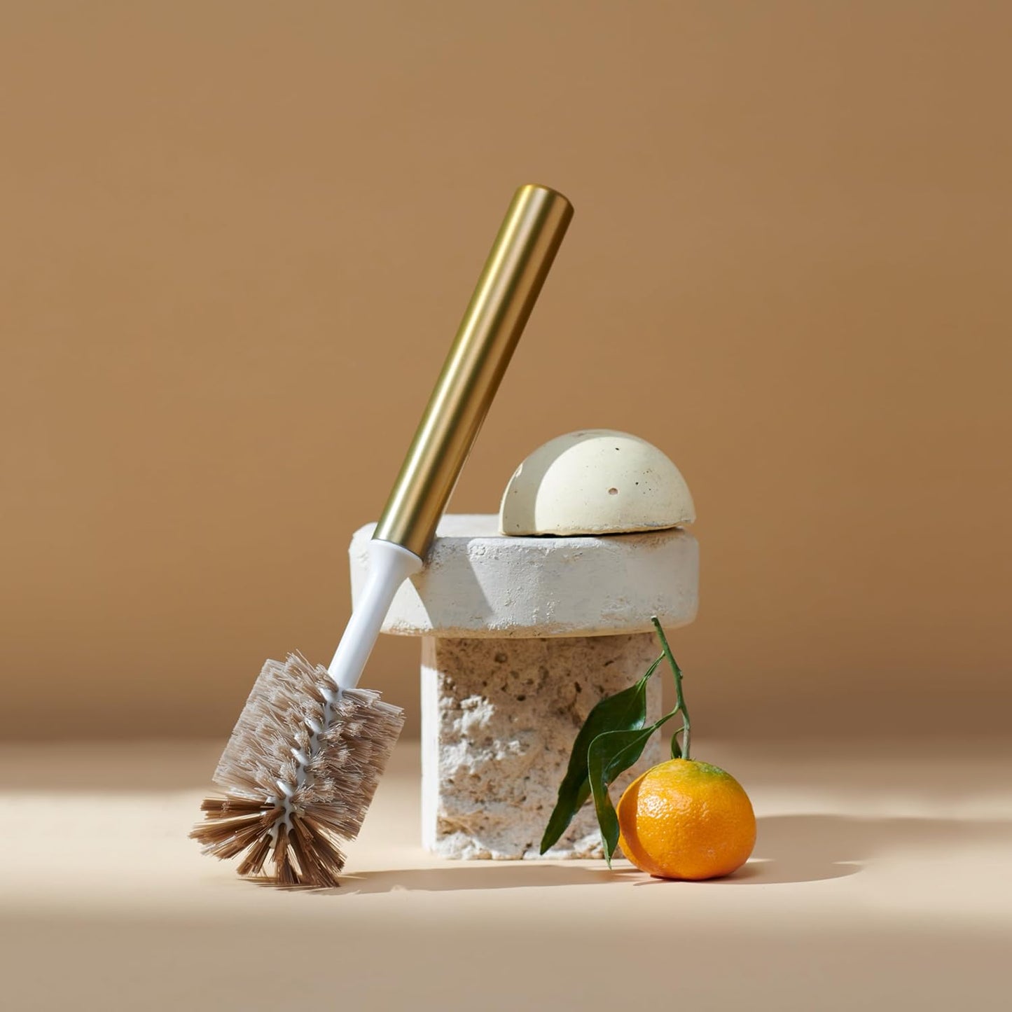 Ionic Bottle Brush, Magnetized to Stand Upright, Stainless Steel with Replaceable Head, Brass/Gold