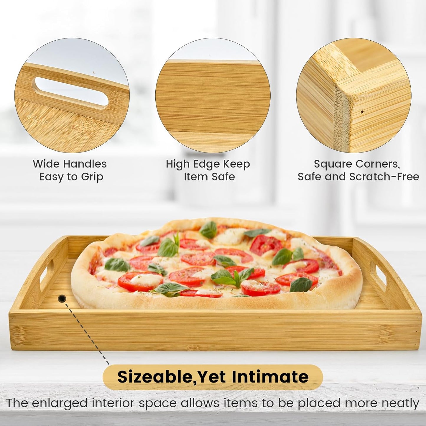 Bamboo Serving Tray with Handles Set of 2 - Decorative Wooden Trays for Eating, Working, and Storing, Suitable for Use in Bedroom, Living Room, Kitchen, Bathroom, Outdoor Scenarios and More