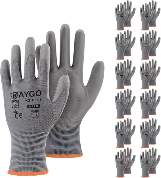 KAYGO Safety Work Gloves PU Coated-12 Pairs, KG11PB, Seamless Knit Glove with Polyurethane Coated Smooth Grip on Palm & Fingers, for Men and Women (2X-Large, Grey)