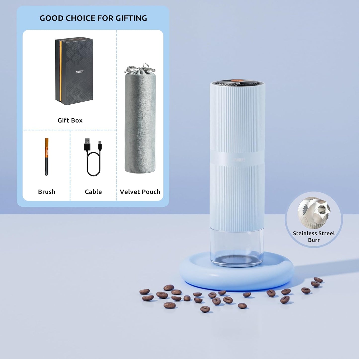 Portable Electric Coffee Grinder, Rechargeable Handheld Grinder with Stainless Steel Conical Burr, Adjustable Grind Settings, for Espresso, Moka, Pour Over, French Press, Cold Brew, Azure