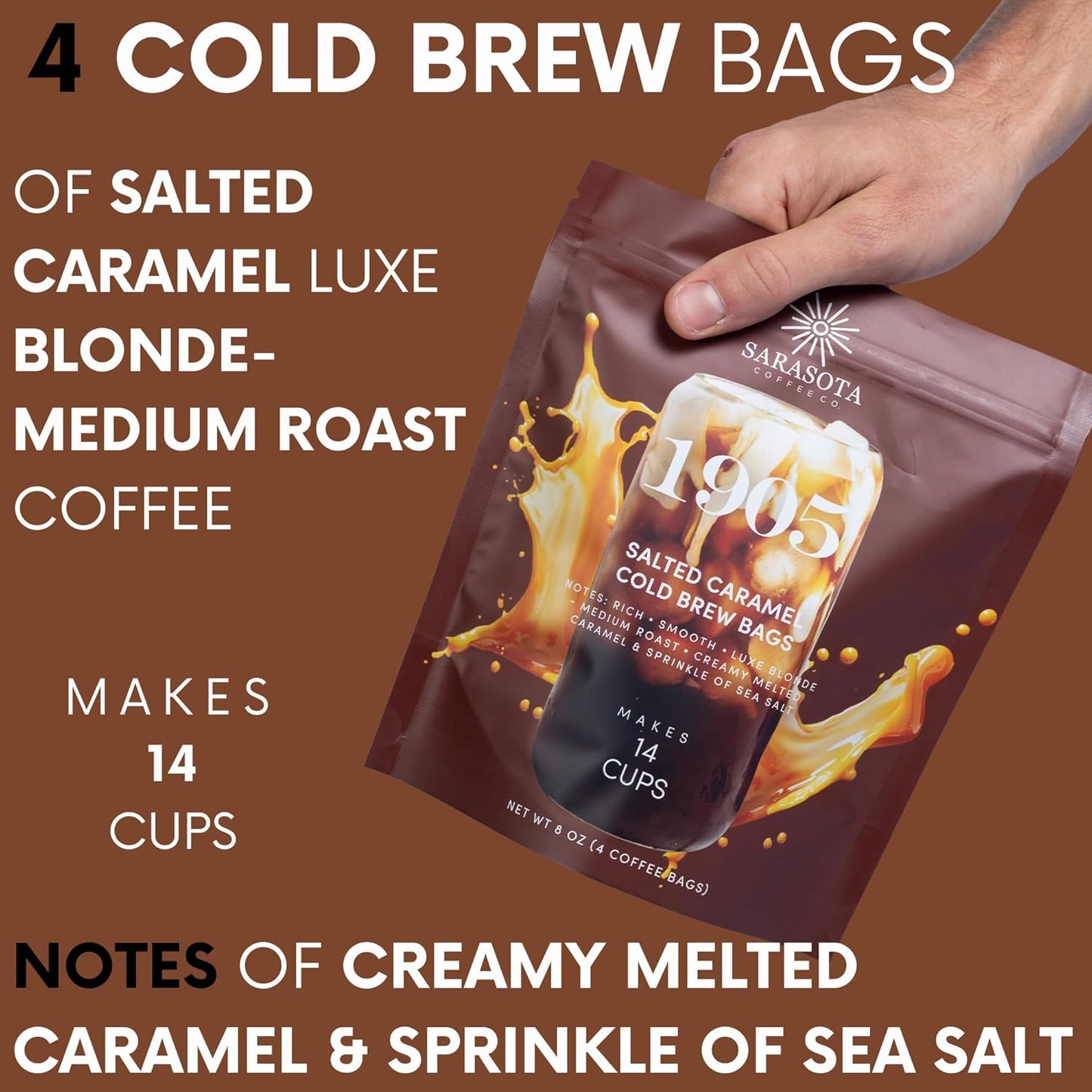 Sarasota Coffee 1905 Cold Brew Coffee Bags | Salted Caramel | Blonde-Medium Roast | Smooth & Low Acid | Ground Filter Packs | Cold Brew Kit Makes 14 Cups | Creamy Caramel & Sea Salt Notes