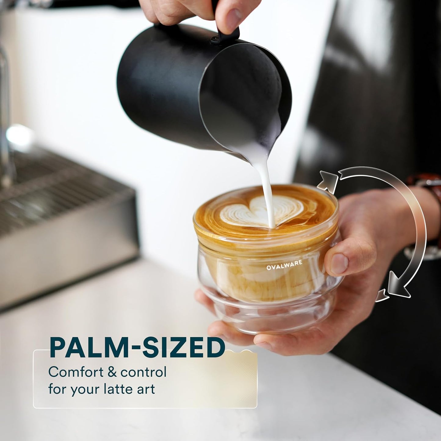 ovalware 8.5oz Double Wall Latte Cups, Latte Set of 2 - Double Wall Glasses for Cold & Hot Drink, Palm-Sized Cups with Wide Rim for Latte Art - Clear Design