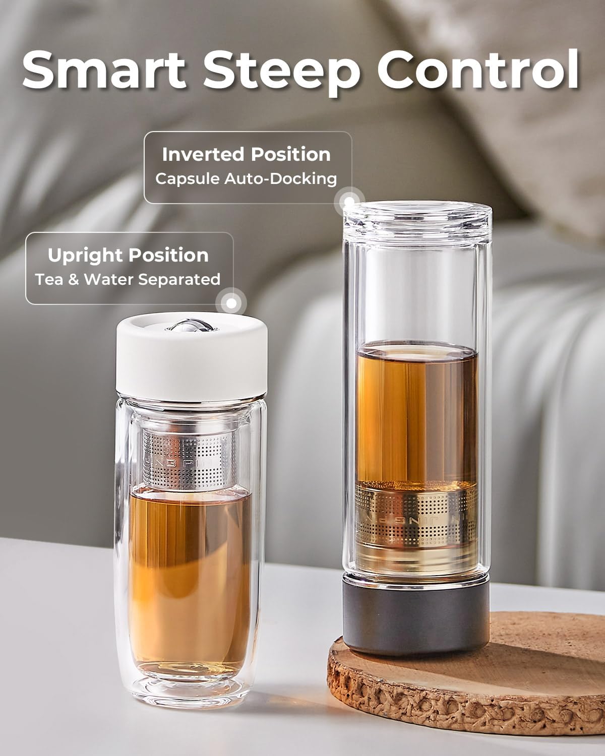 MagnaDrop Tea Tumbler – Double Wall Glass Tea Infuser Cup with Magnetic Steep Control & Bead Switch, Leakproof Travel Mug for Loose Leaf, 12.5oz