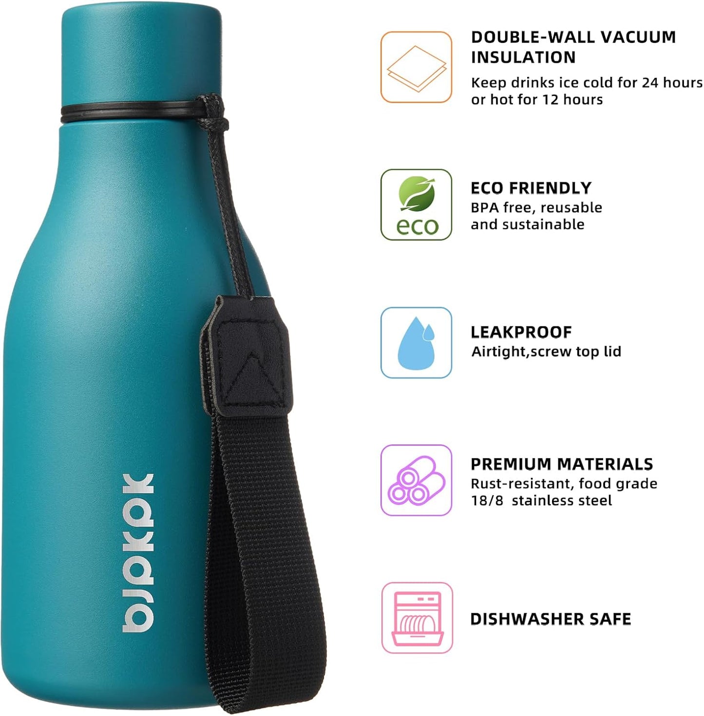 BJPKPK Insulated Water Bottles, 12oz Stainless Steel Metal Water Bottle with Strap, BPA Free Leak Proof Thermos, Mugs, Flasks, Reusable Water Bottle for Sports & Travel, Lake Blue