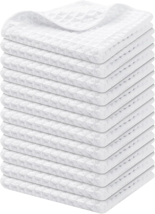 Homaxy Microfiber Waffle Weave Kitchen Dish Cloths, 12 x 12 Inch Ultra Absorbent and Solid Color Dish Towels for Kitchen Fast Drying Dishcloth for Washing Dishes, 12 Pack, White