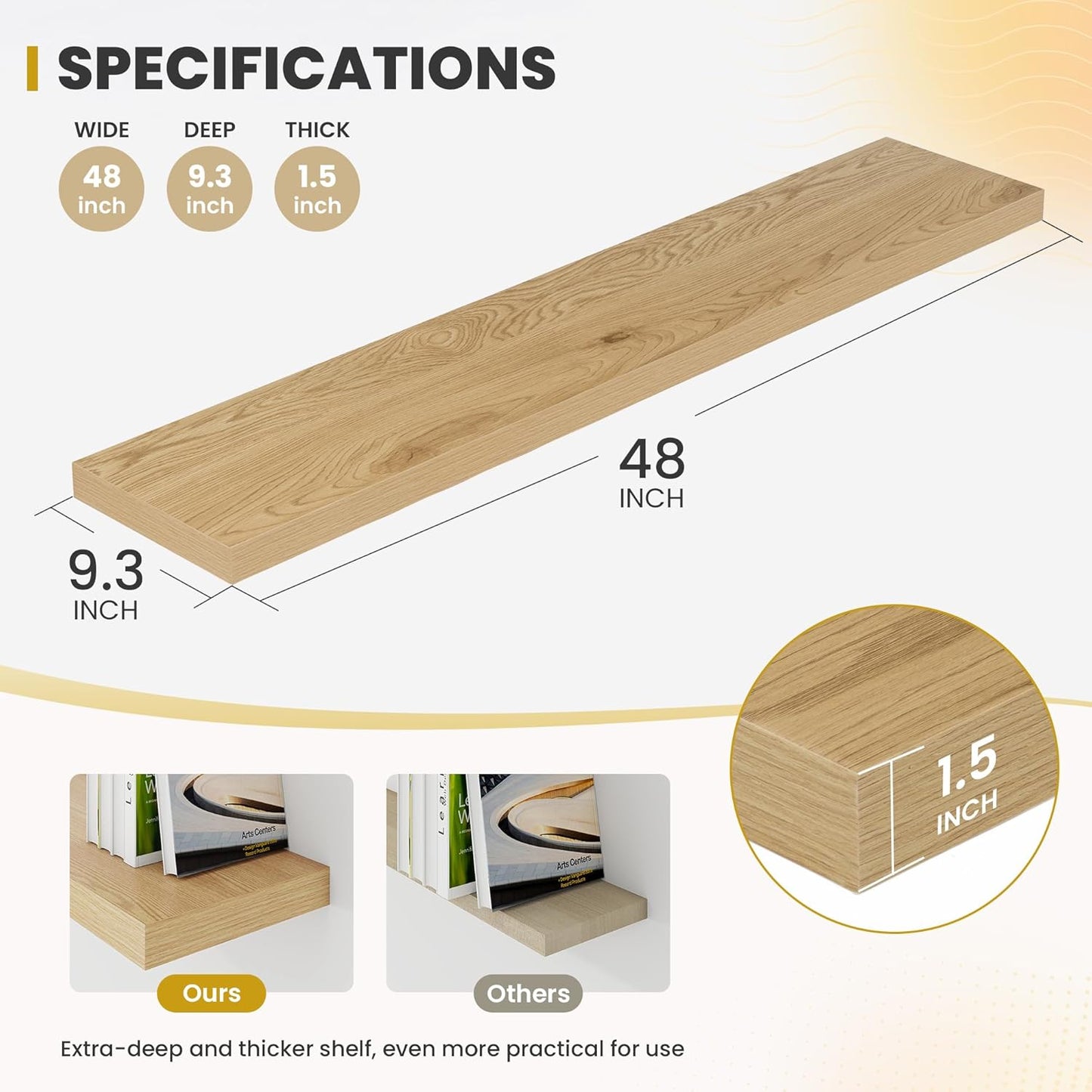 48 Inch Floating Shelves, 9.3" Deep Floating Shelf Wall Mounted, 48" Wall Shelves, Rustic Deep Bookshelf, Large Display Shelves & Storage Shelves for Bedroom, Living Room, Oak, Set of 1