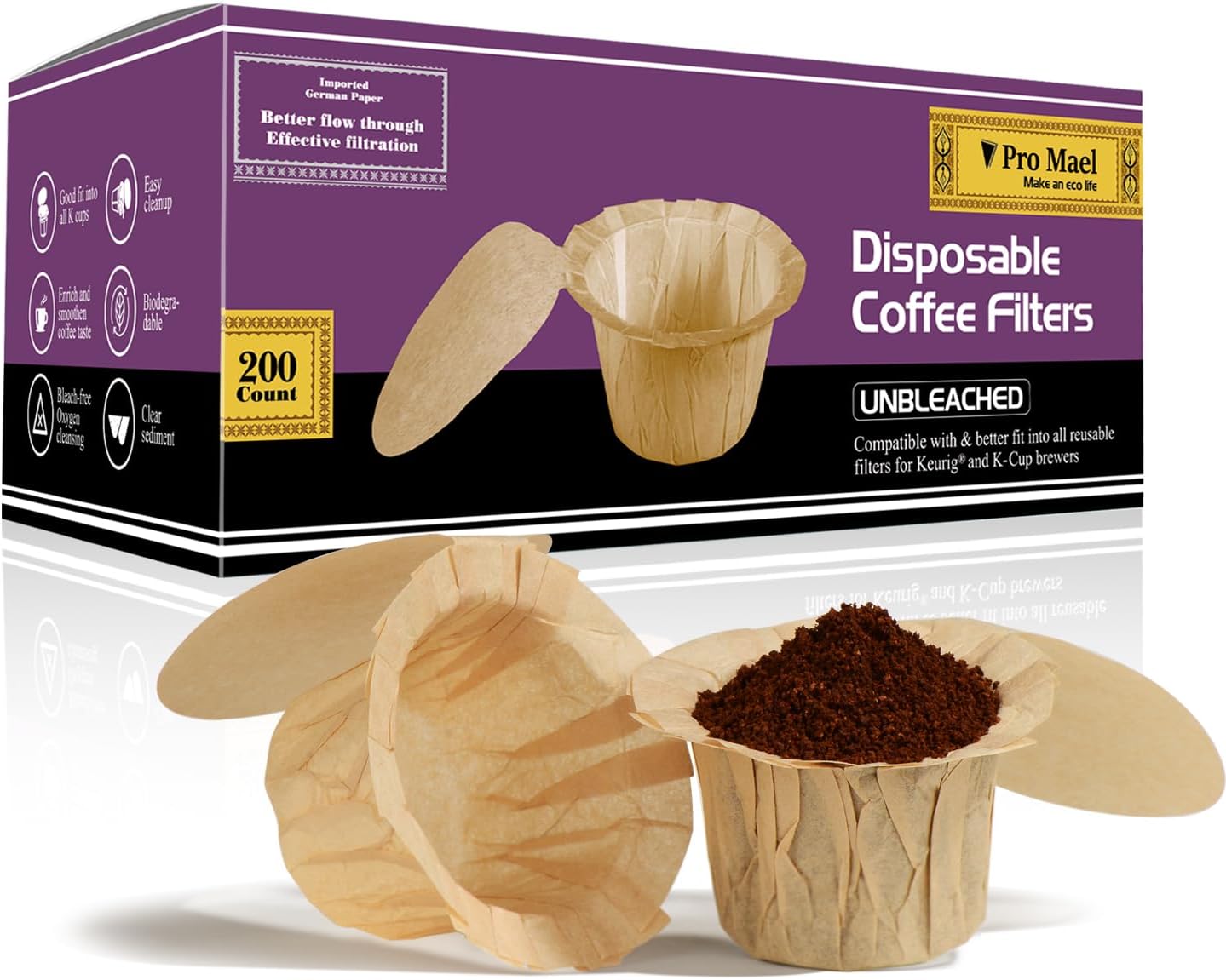 Pro Mael Disposable Coffee Filters Paper with Lid for Keurig Brewers Single Serve 1.0 and 2.0 Reusable K Cup Pods, Natural (200 Count)