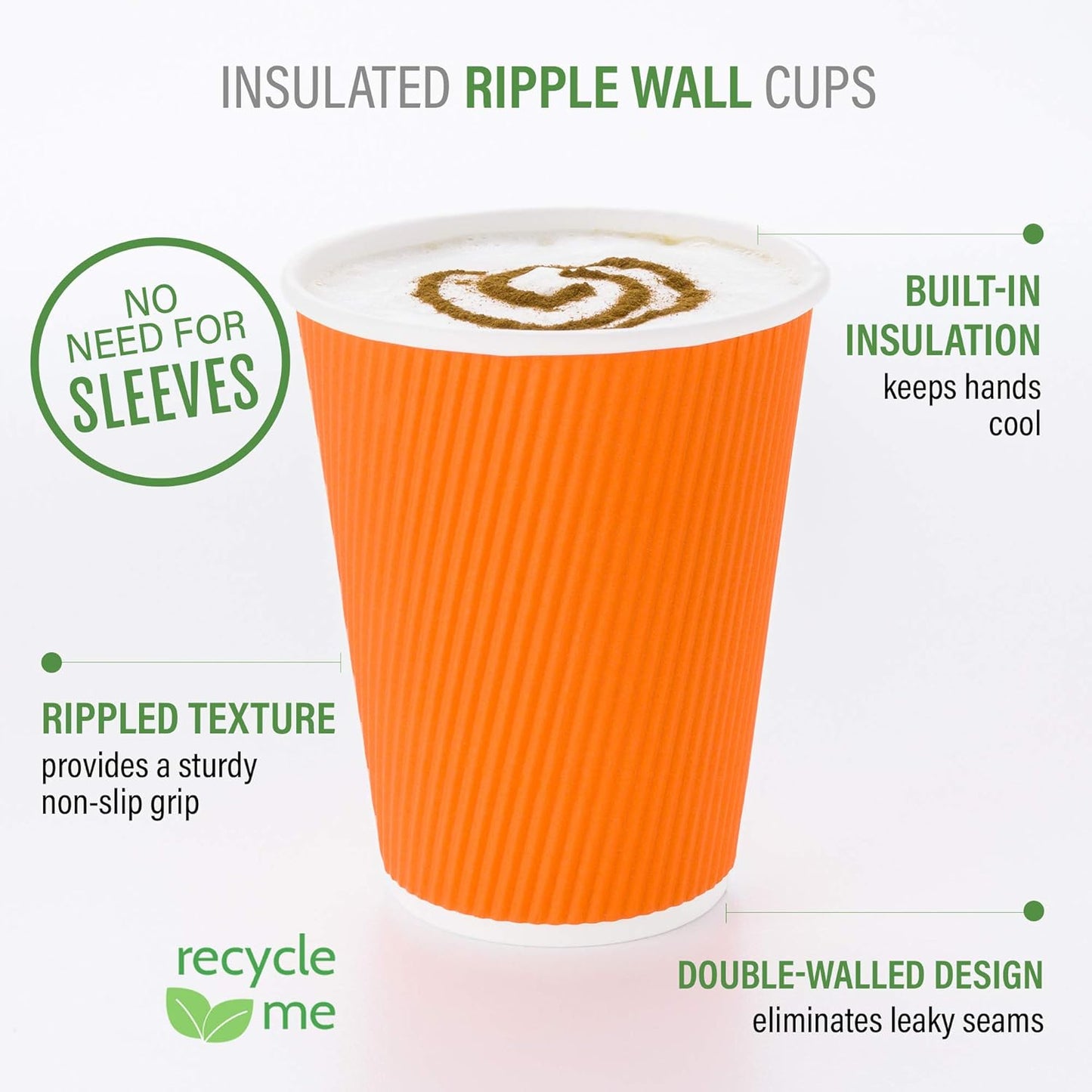 Restaurantware 16 Ounce Ripple Wall Disposable Coffee Cups, 500 Insulated Orange Paper Tumblers, Rolled Rim Design, Lids Sold Separately for Hot Drinks like Tea, Hot Chocolate and More