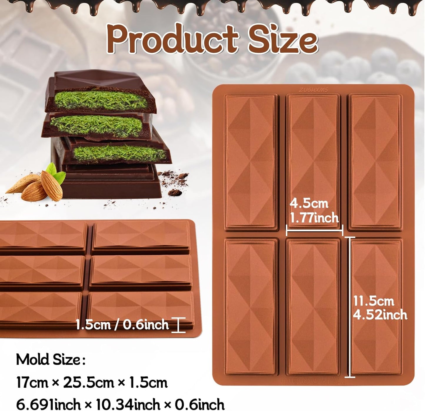 Chocolate Bar Molds 2 Pack,Deep Dubai Pistachio Stuffed Bar Silicone Mold for Making Filling Rhombus Shapes Candy Granola and Pastry Snacks