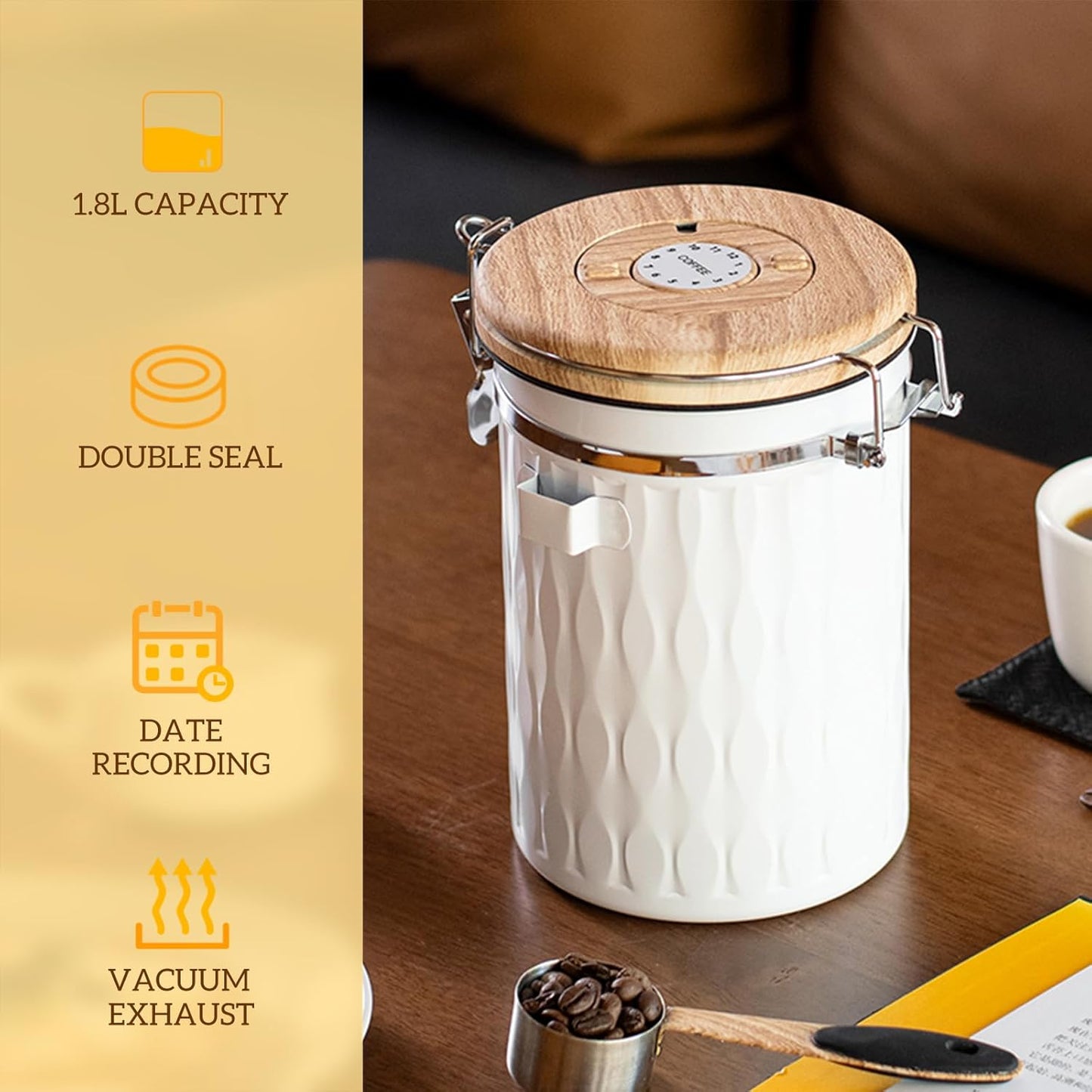 TEDSWAIT Coffee Container with Sealed Cantilever Lid and Scoop, Airtight Stainless Steel Kitchen Food Storage Canister with Date Tracker, 1.8L(White)