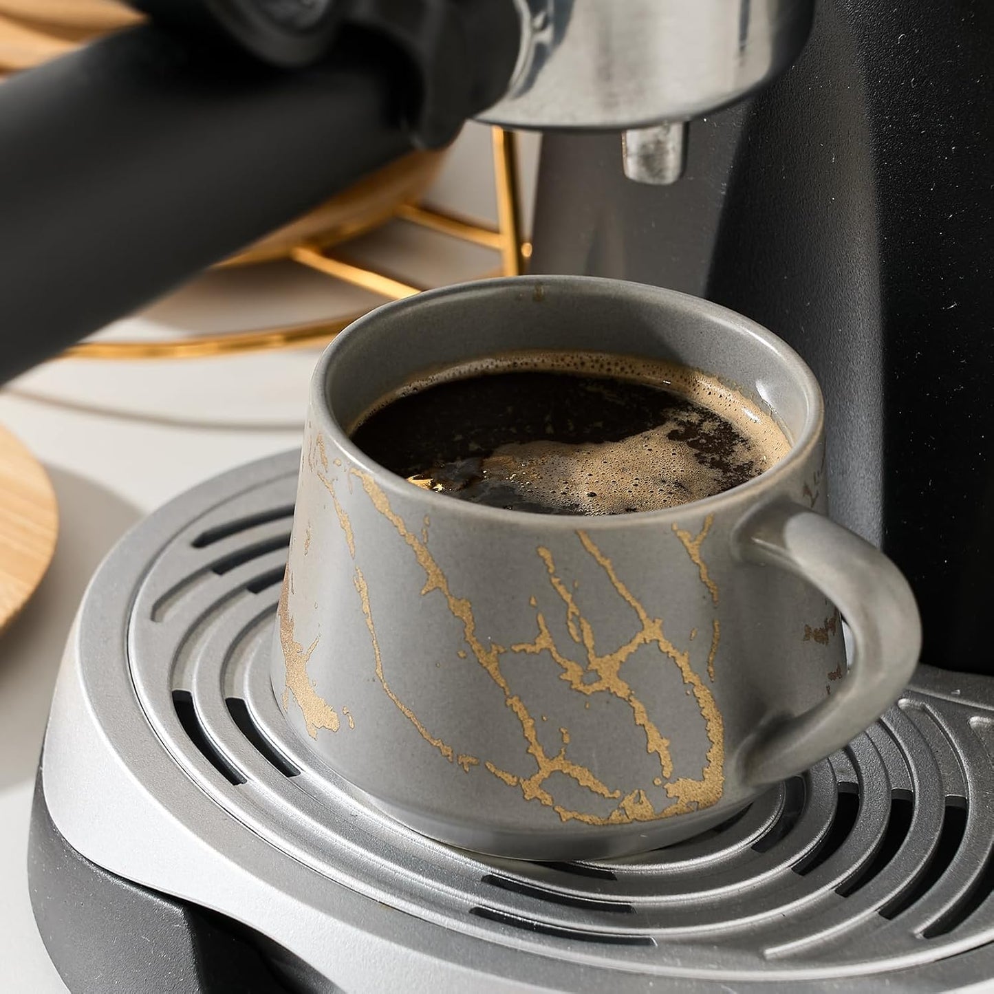 LUKA Ceramic Espresso Cups with Saucers and Metal Stand, Small 4 oz Porcelain Demitasse Cups Set of 6, Cute Cappuccino Coffee Cups for Double Espresso, Tea, Marbling Gray