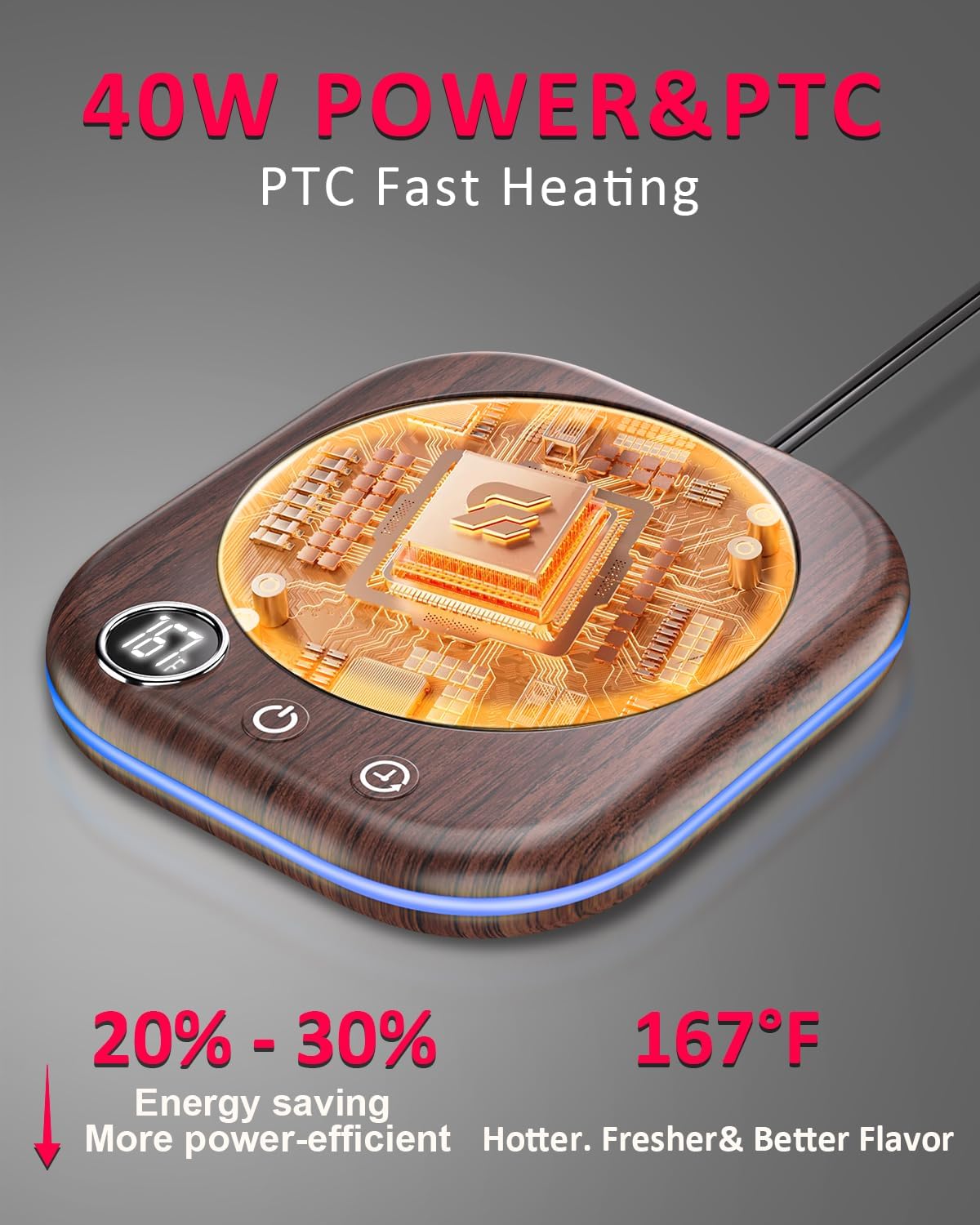 Mug Warmer,40W Coffee Mug Warmer for Desk with Temperature Display, 4 H Auto Shut Off, 3 Temp Settings & 1-12H Timer, Smart Electric Beverage Warmer for Coffee, Tea, Water, Milk and Coco(Wood Grain)