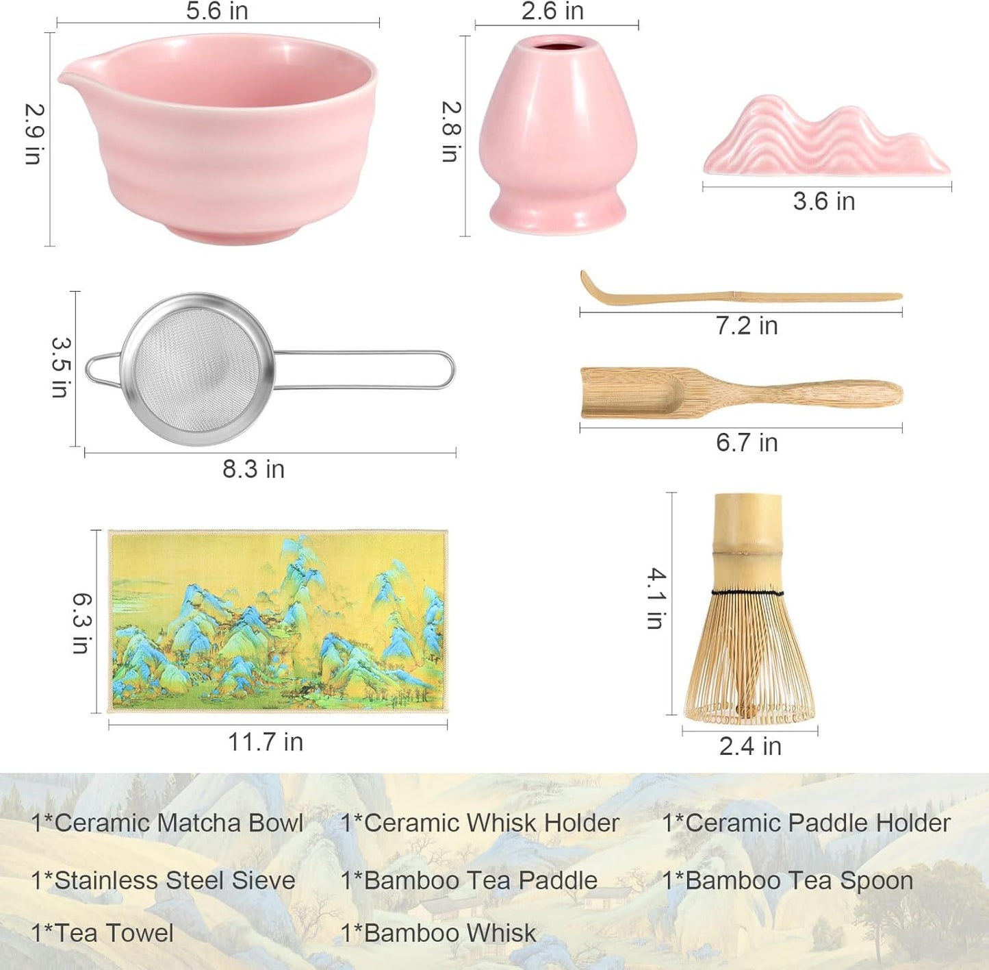 Matcha Whisk Set with Bowl (Chawan),8-Piece Bamboo Matcha Tea Set with Chasen, Whisk Holder, Chashaku Scoop & Holder, Stainless Sifter, Bamboo Spoon, Tea Towel,Gift for Matcha Latte & Tea Ceremony