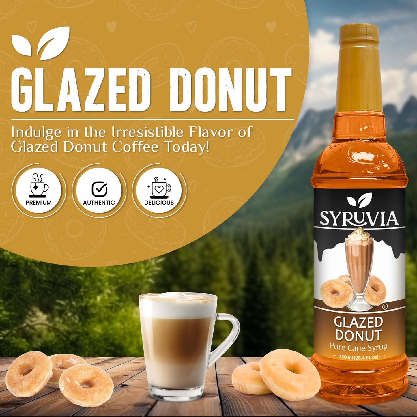 Syruvia Glazed Donut Coffee Syrup - 25.4 fl oz - Kosher Coffee Syrups, Gluten Free, No Coloring, Perfect for Drinks, Soda, Shakes, Desserts, and More.