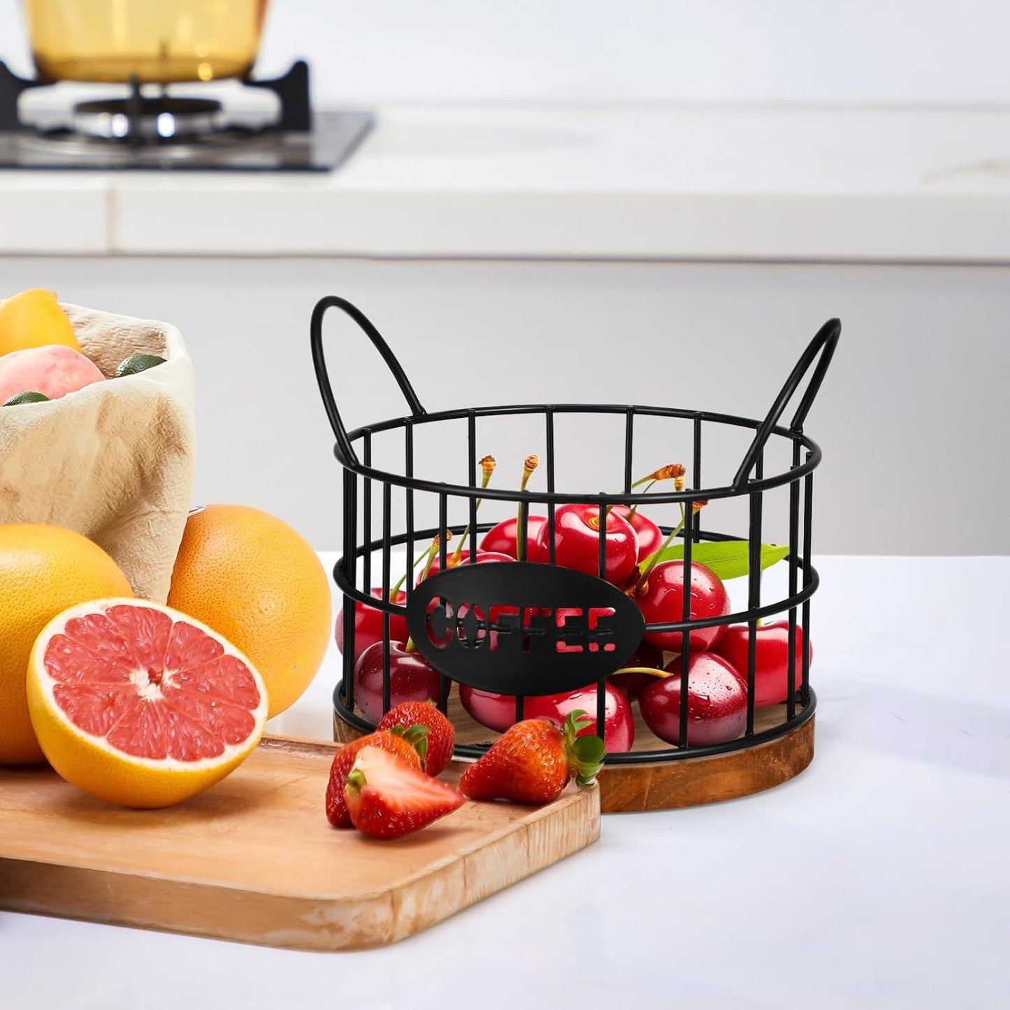 Kichvoe Coffee Pod Holder - Black Wire Coffee Capsule Basket with Wooden Base and Handles - Compact Station Organizer for Countertop - Multi-Functional Bar Accessory