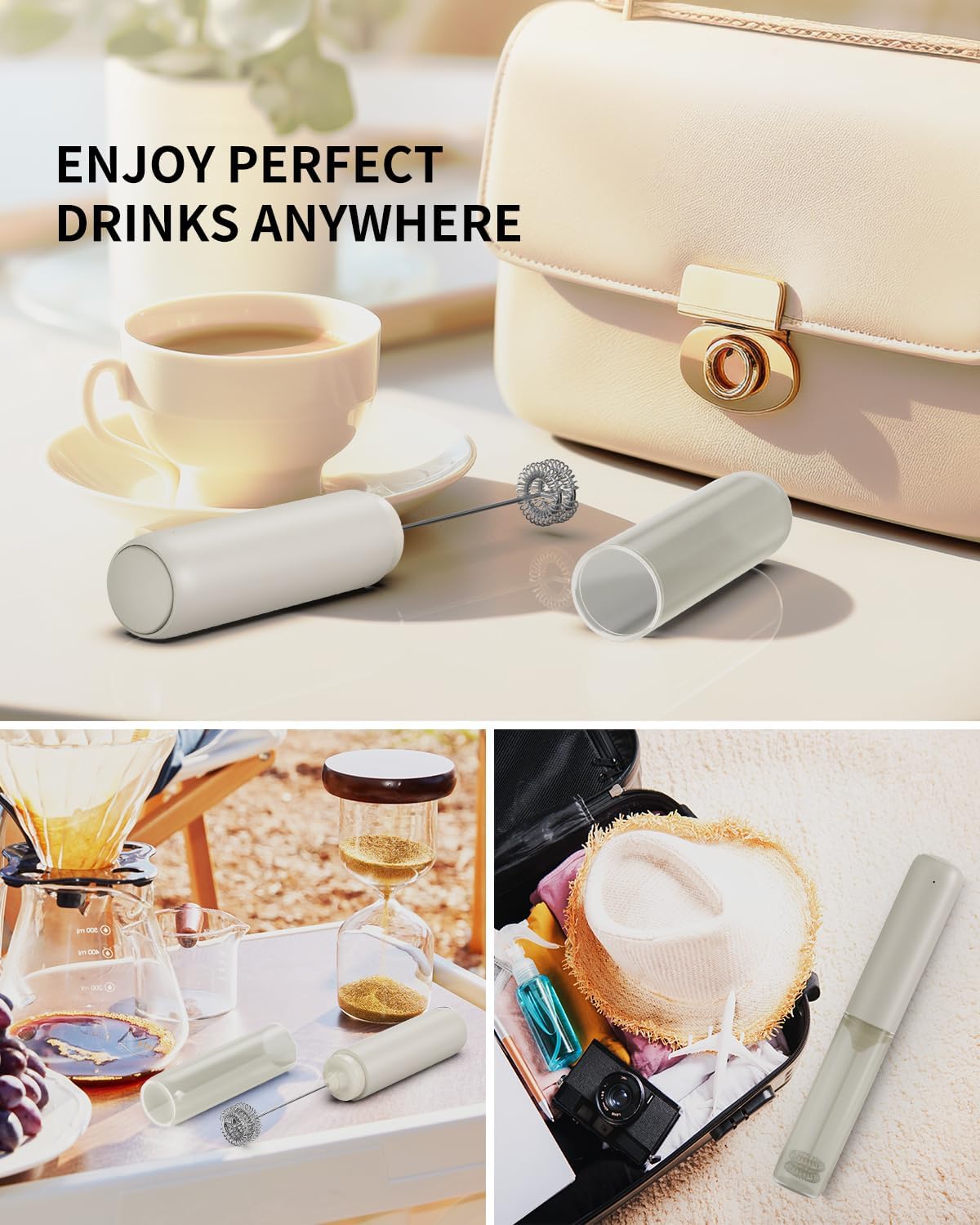 CIRCLE JOY Portable Rechargeable Milk Frother Hanheld, Dual Spring Whisk Electric Coffee Frother Wand Drink Mixer for Matcha Lattes Cappuccino, Kitchen Gifts, Beige