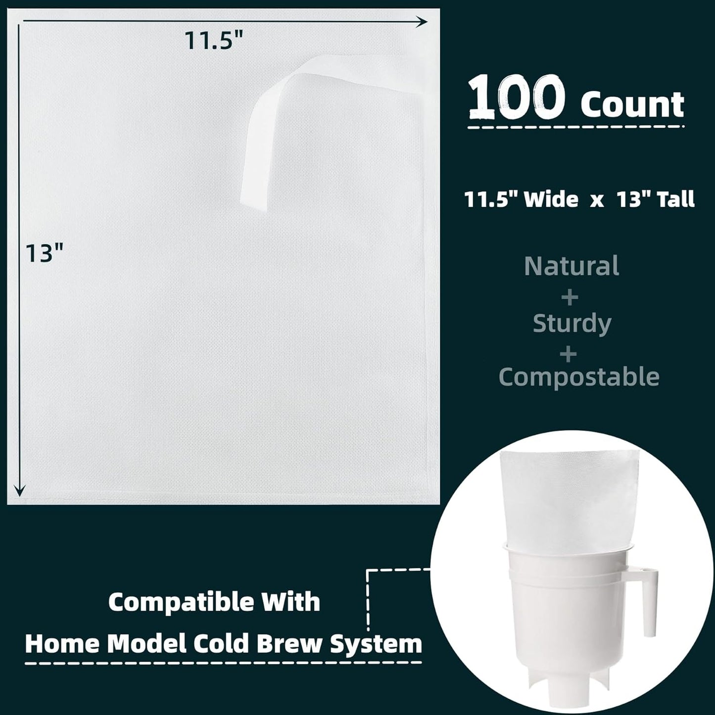 CELLENOMC Cold Brew Coffee Filter Bags - 100 Pack Cold Brew System Home Model Filter Bags 11.5'' x 13'' Compatible for Toddy Cold Brew Coffee Maker Natural Sturdy Disposable Home Cold Brew Filter Bags