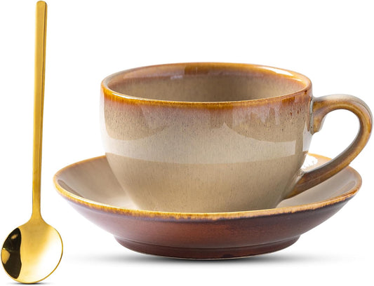 Porcelain Coffee Cup with Saucer Spoon, Vintage Design Ceramic Latte Art Cappuccino Barista Espresso Tea Cup with Saucer (11.6 oz, 350ml, Honey Pomelo Yellow)
