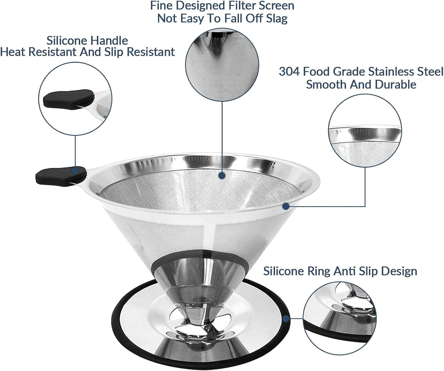 Pour Over Coffee Dripper-Stainless Steel Coffee Filter,Reusable Drip Cone Coffee Filter Portable Pour for 1-4 Cup (With Silicone Ring, L)