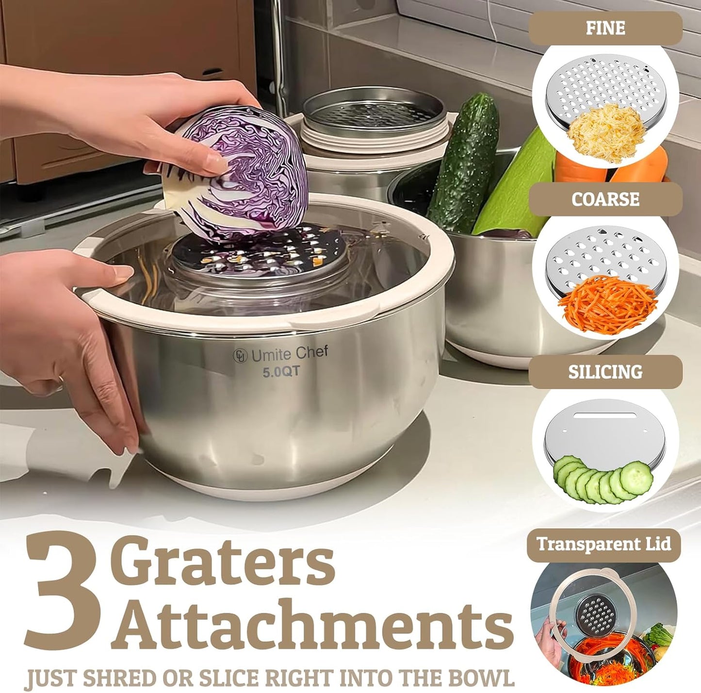 Mixing Bowles Set with Lids Set - Warp-Proof TPR-AS Lids, Stainless Steel Mixing Bowl with 3 Graters & Measuring Lines, Non-Slip Bowls for Baking, Prep, Airtight Food Storage (Khaki 5/3/2/1.5/0.63QT)