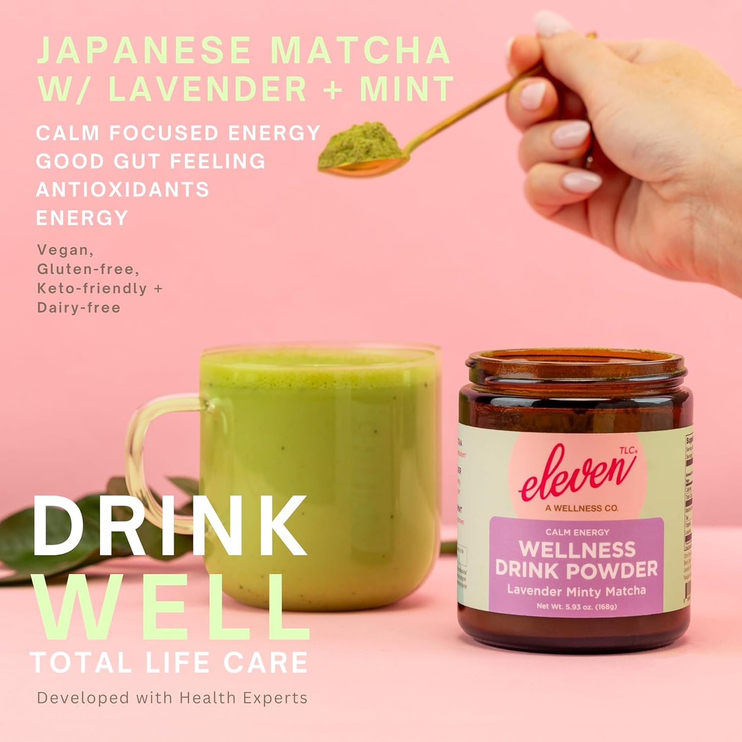 Eleven TLC Mint Matcha Powder with Lavender – Sugar-Free Japanese Green Tea for Lattes, Mocktails, Smoothies – Calm Energy, L'Theanine, Vegan, Low-Calorie, Barista-Approved Wellness Mix, Packaged Glass Jar