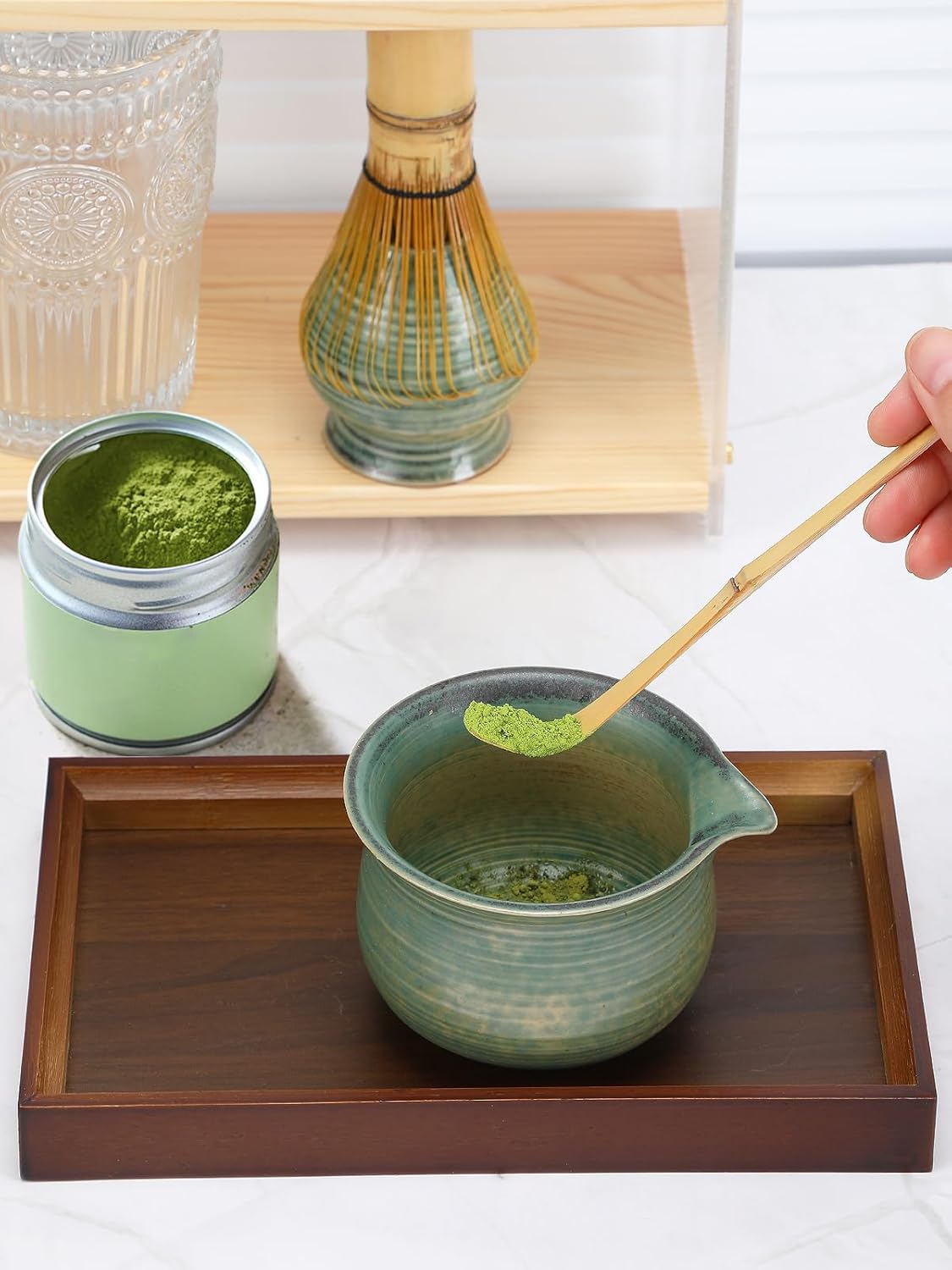 MADHOLLY Matcha Whisk Set with Tray - Matcha Bowl with Spout, Whisk and Holder, Bamboo Scoop, Japanese Matcha Kit Tea Ceremony Gift for Matcha Lovers