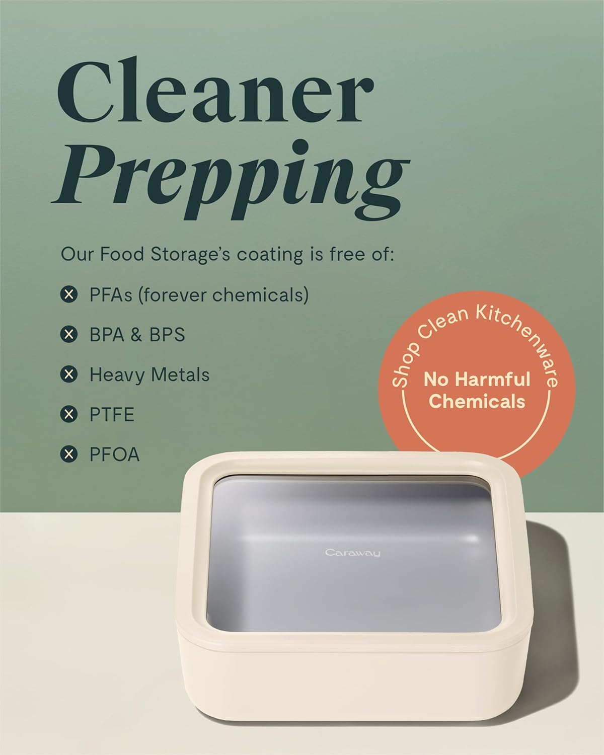 Caraway Glass Food Storage, 10 Cup Glass Container,Ceramic Coated Food Container,Easy to Store, Non Toxic, Non Stick Lunch Box Container with Glass Lids. Dishwasher, Oven,Square Shape,Sage